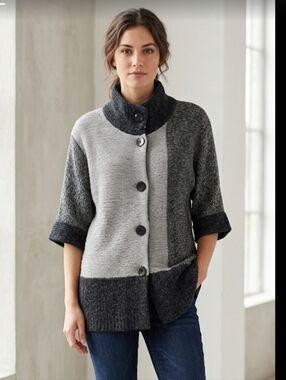 Keren Hart Colorblock Gray Shawl Collar Cardigan Sweater 3/4 Sleeves